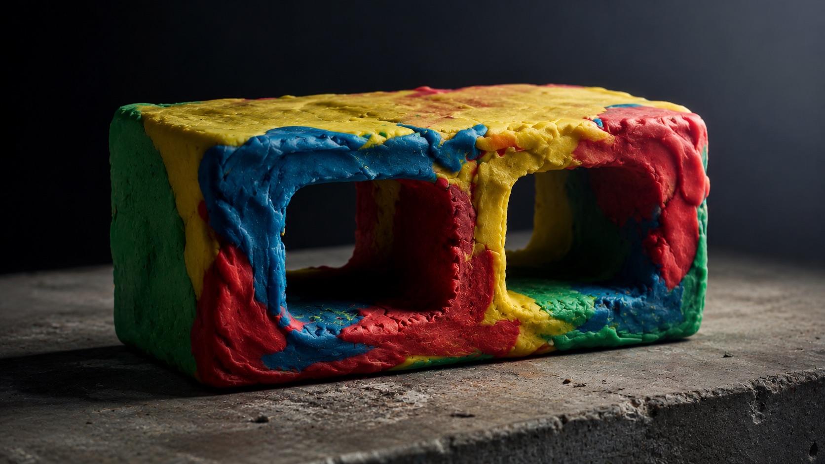 A cinderblock molded entirely from bright, squishy Play-Doh, sitting where a real structural block should be.