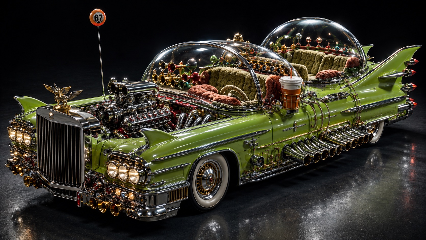 An absurd, over-engineered concept car bristling with too many cup holders, multiple horns, a clear bubble dome, and mismatched add-ons bolted on everywhere.