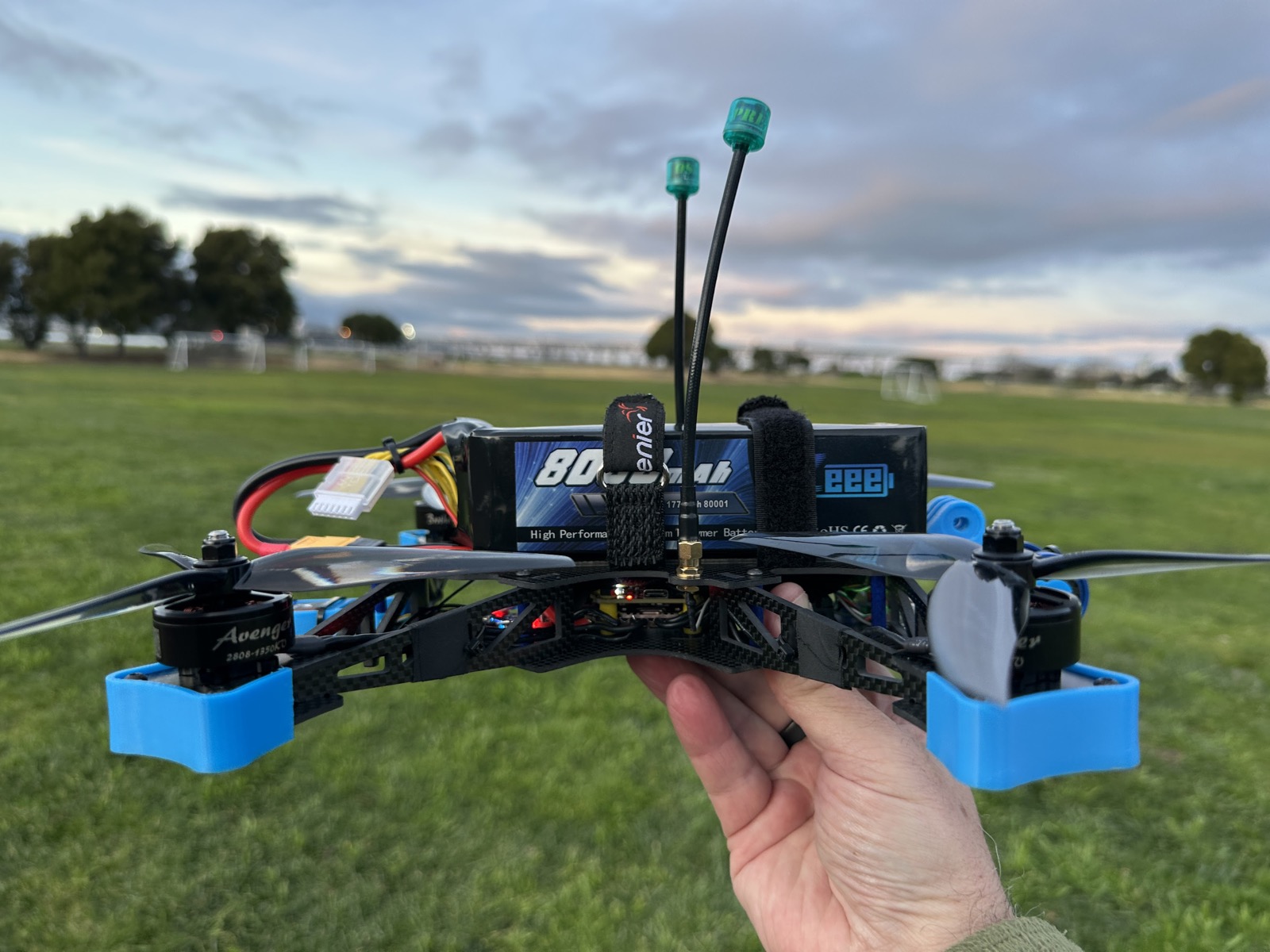 7-inch long-range FPV quad on the field at dusk
