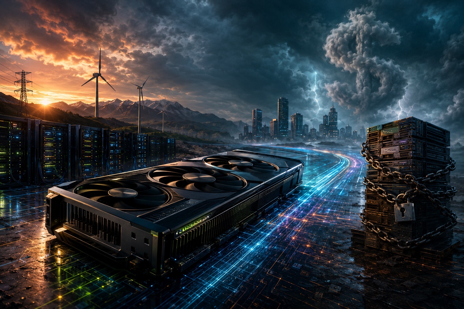A high-end GPU on a glowing data highway between a sunlit wind-farm datacenter and a storm-lit city skyline, with a chain-wrapped, padlocked server rack.