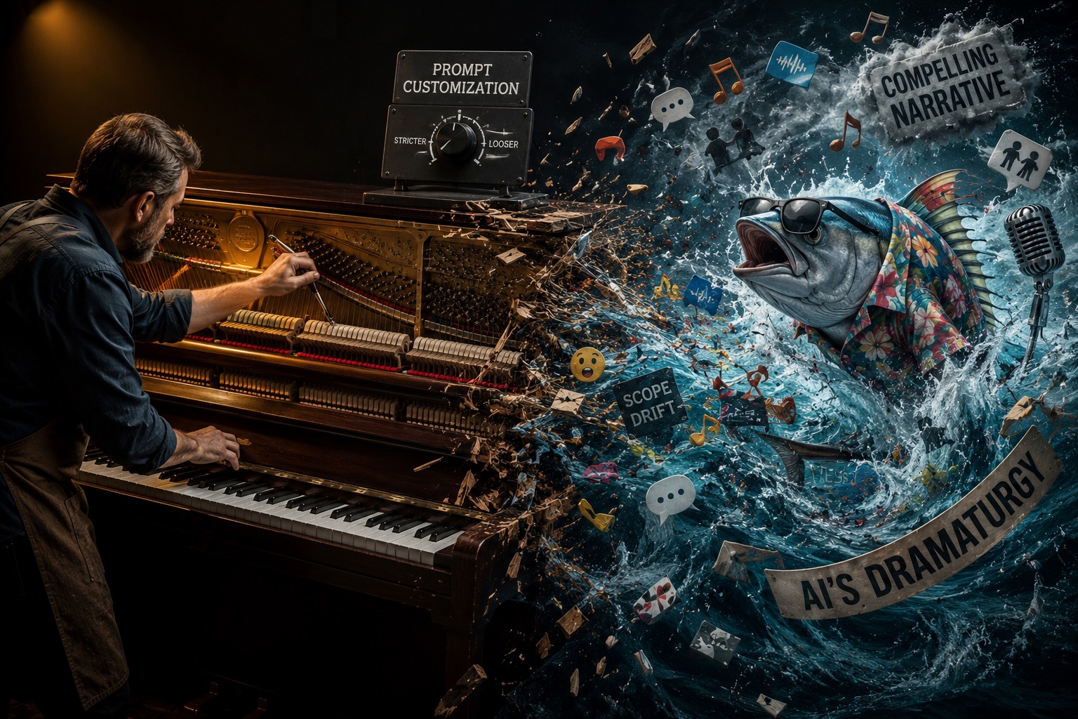 A piano tuner works the strings of an upright piano whose far half shatters into a chaotic wave of emojis, speech bubbles, and a sunglasses-wearing tuna in a Hawaiian shirt, with labels reading prompt customization, scope drift, and AI's dramaturgy.